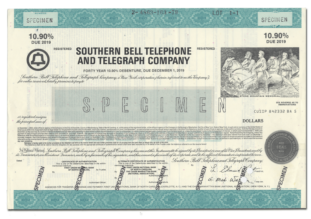 Southern Bell Telephone and Telegraph Company Specimen Bond Certificate