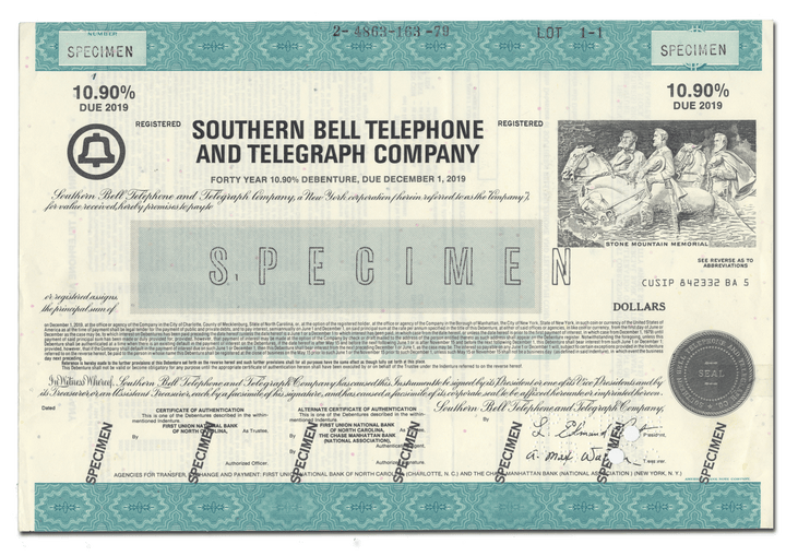 Southern Bell Telephone and Telegraph Company Specimen Bond Certificate