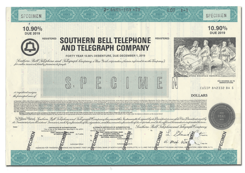 Southern Bell Telephone and Telegraph Company Specimen Bond Certificate