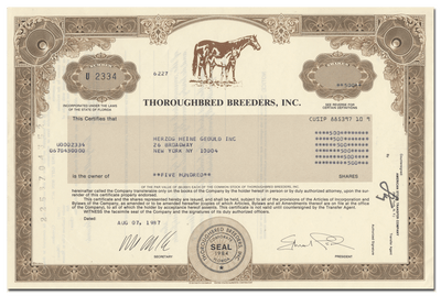 Thoroughbred Breeders, Inc. Stock Certificate