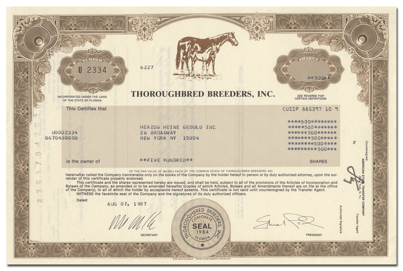 Thoroughbred Breeders, Inc. Stock Certificate