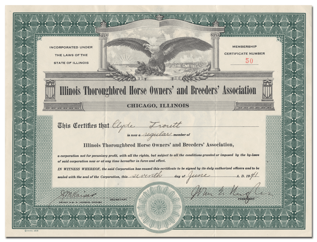 Illinois Thoroughbred Horse Owners' and Breeders' Association Member Certificate