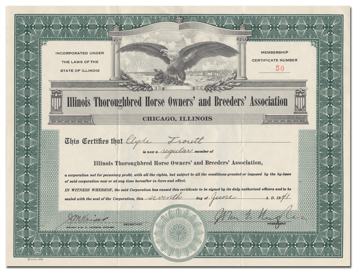 Illinois Thoroughbred Horse Owners' and Breeders' Association Member Certificate