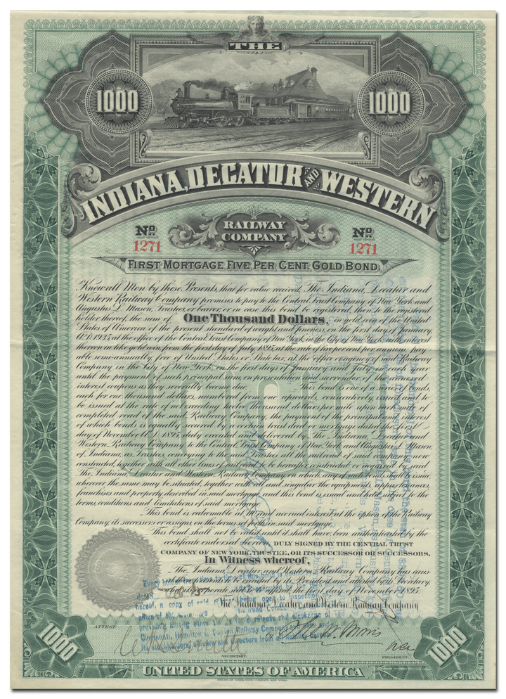 Indiana, Decatur and Western Railway Company Bond Certificate