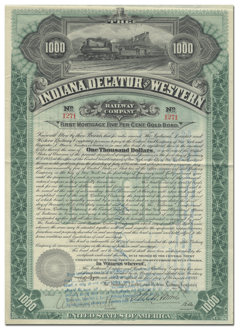 Indiana, Decatur and Western Railway Company Bond Certificate