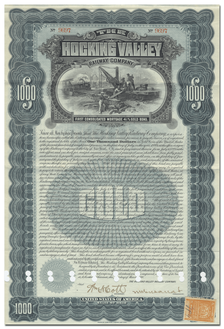 Hocking Valley Railway Company Bond Certificate