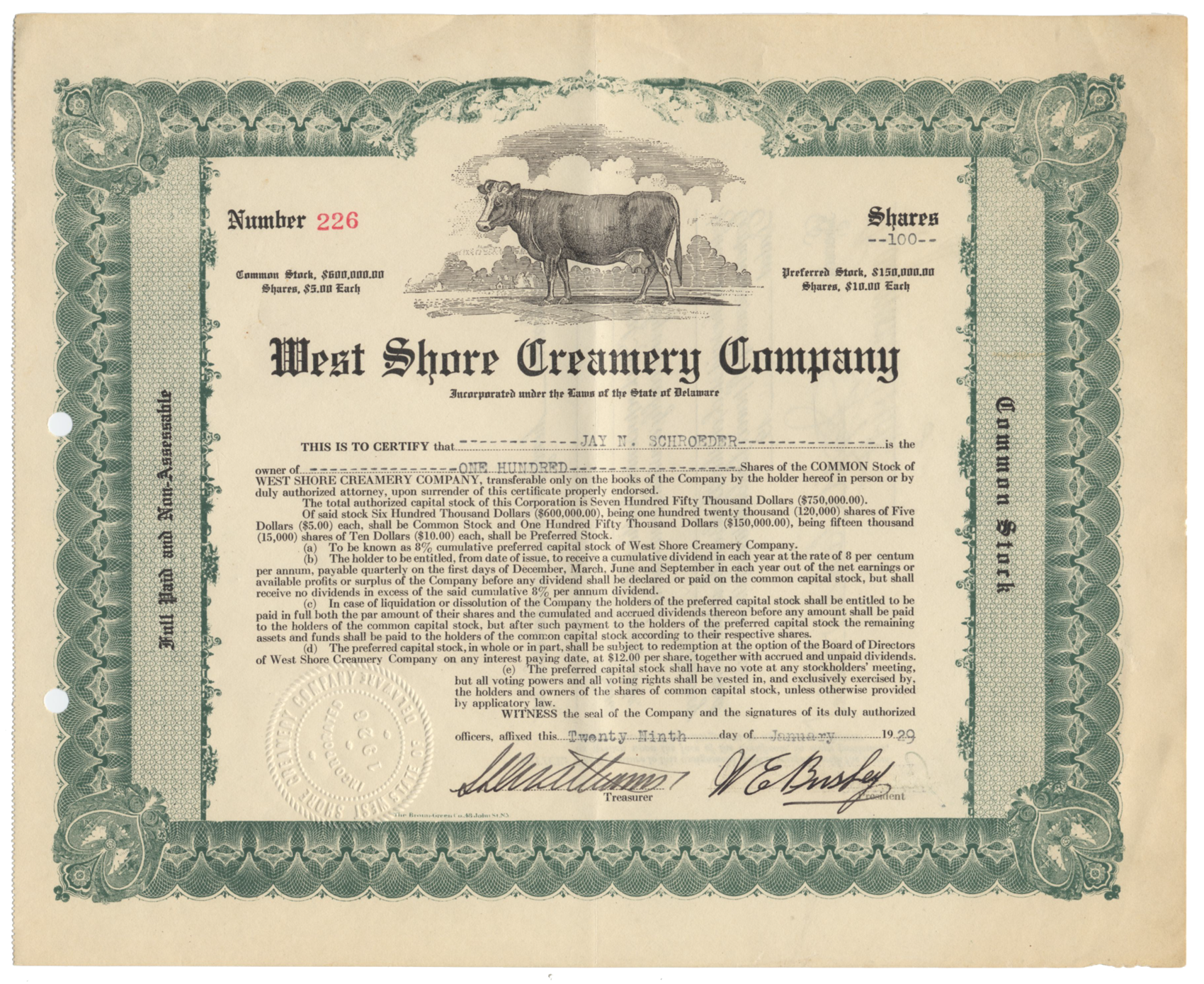 West Shore Creamery Company Stock Certificate