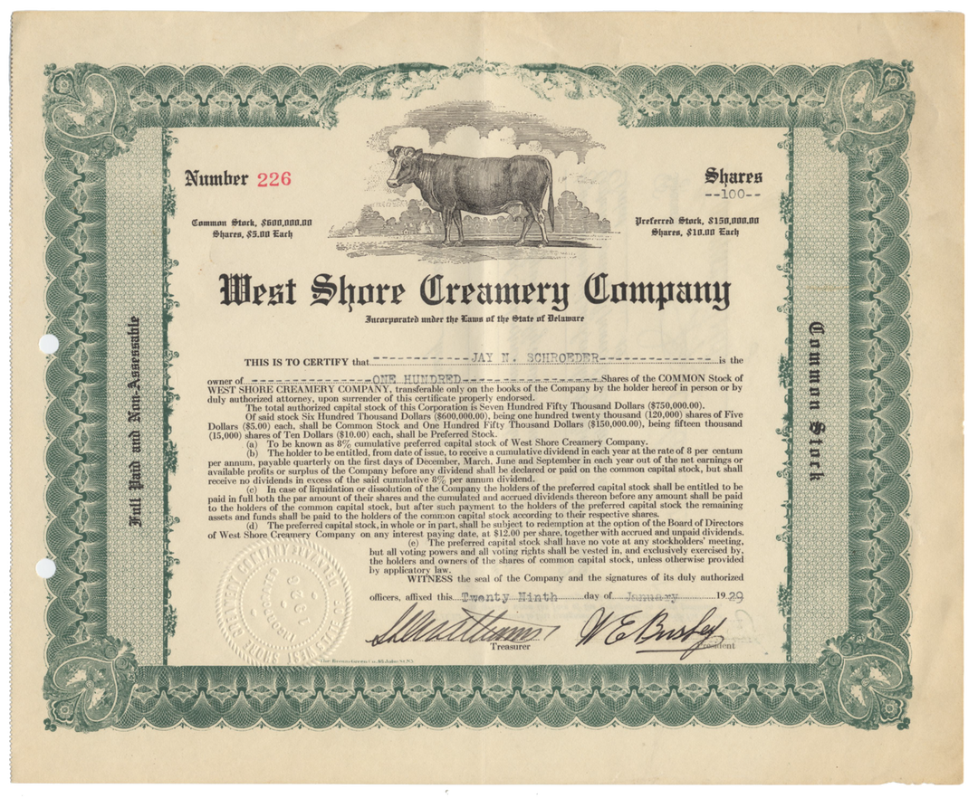 West Shore Creamery Company Stock Certificate