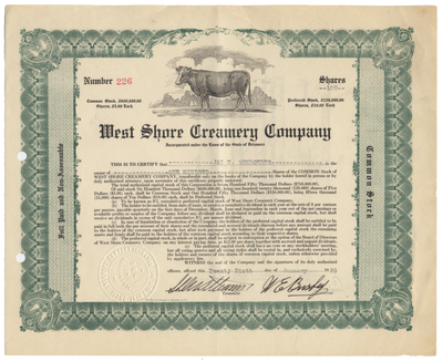 West Shore Creamery Company Stock Certificate