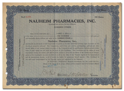 Nauheim Pharmacies, Inc. Stock Certificate
