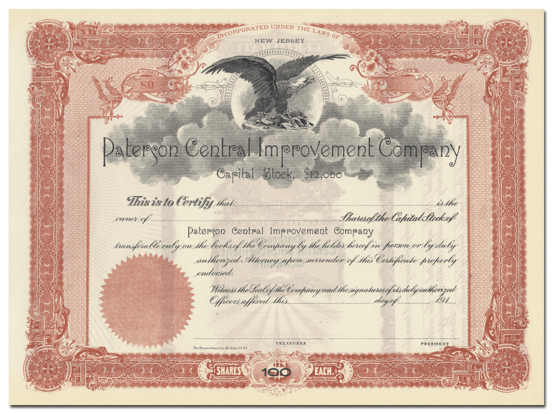 Paterson Central Improvement Company Stock Certificate