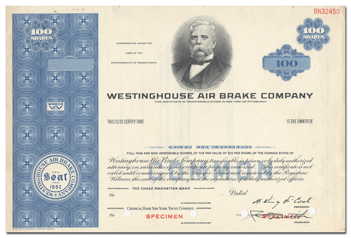 Westinghouse Air Brake Company Specimen Stock Certificate