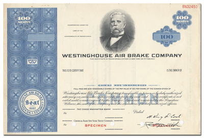 Westinghouse Air Brake Company Specimen Stock Certificate