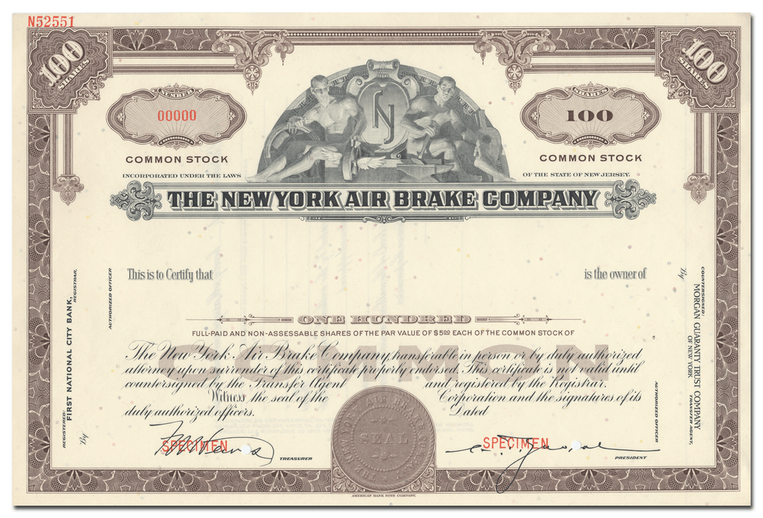 New York Air Brake Company Specimen Stock Certificate