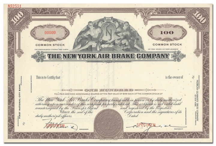 New York Air Brake Company Specimen Stock Certificate