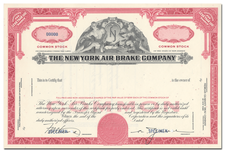 New York Air Brake Company Specimen Stock Certificate