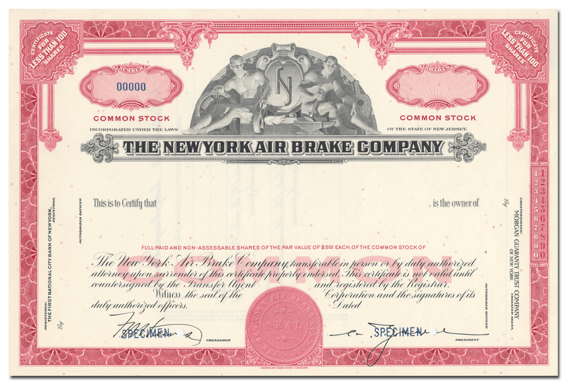 New York Air Brake Company Specimen Stock Certificate