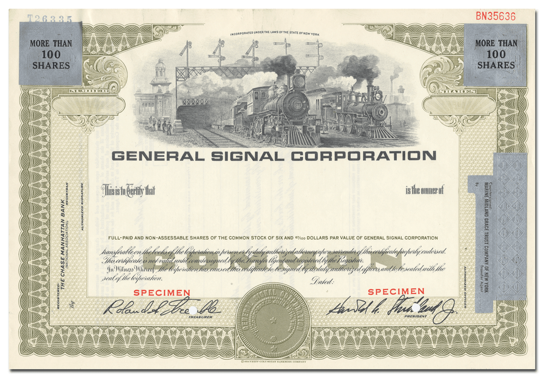 General Signal Corporation Specimen Stock Certificate