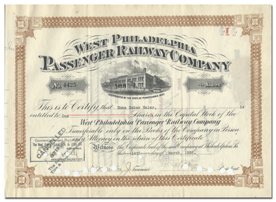 West Philadelphia Passenger Railway Company Stock Certificate