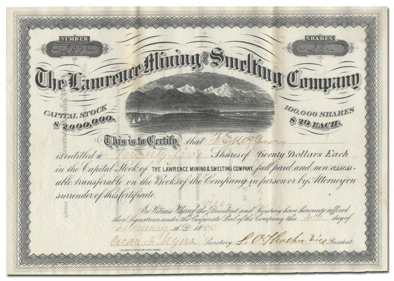 Lawrence Mining and Smelting Company Stock Certificate
