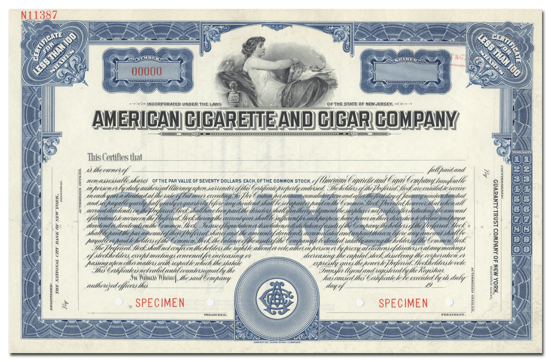 American Cigarette and Cigar Company Specimen Stock Certificate