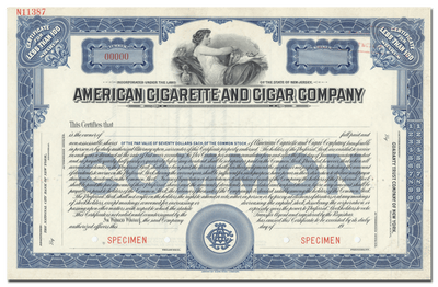 American Cigarette and Cigar Company Specimen Stock Certificate