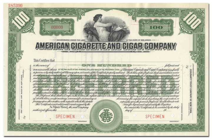 American Cigarette and Cigar Company Specimen Stock Certificate