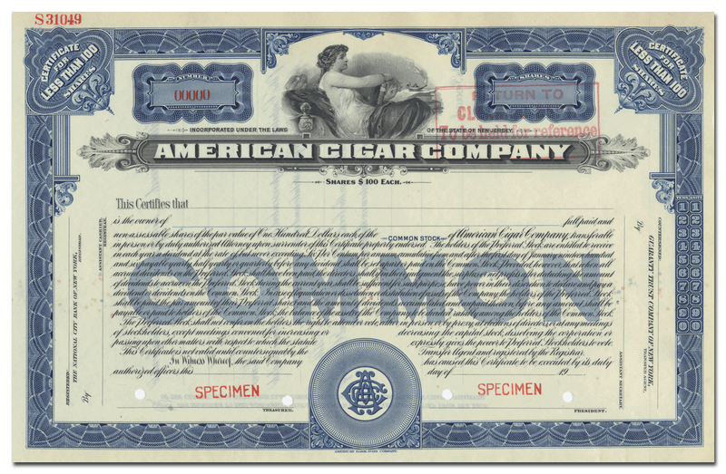 American Cigar Company Specimen Stock Certificate