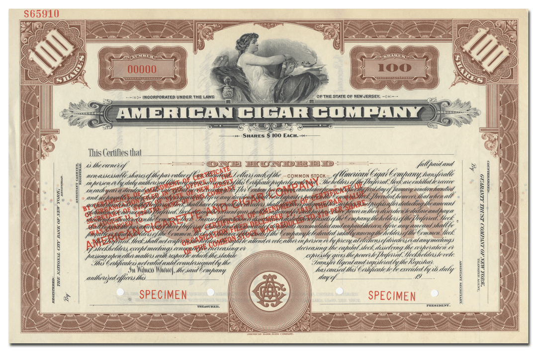 American Cigar Company Specimen Stock Certificate