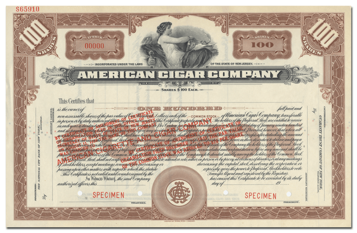 American Cigar Company Specimen Stock Certificate