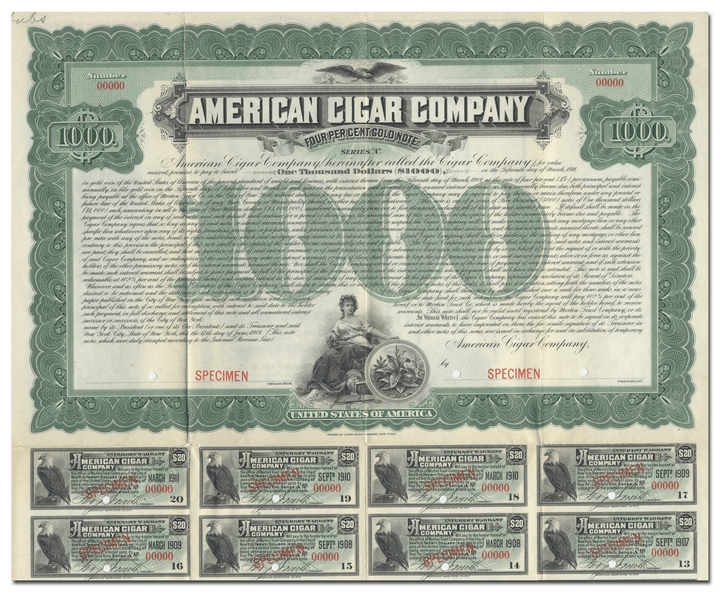 American Cigar Company Specimen Bond Certificate