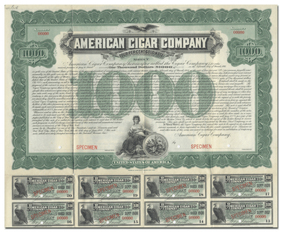 American Cigar Company Specimen Bond Certificate