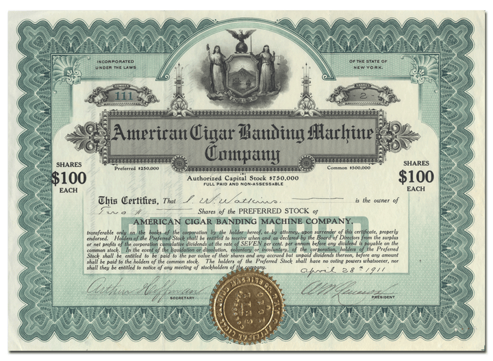 American Cigar Banding Machine Company Stock Certificate