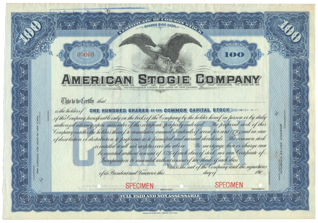 American Stogie Company Specimen Stock Certificate