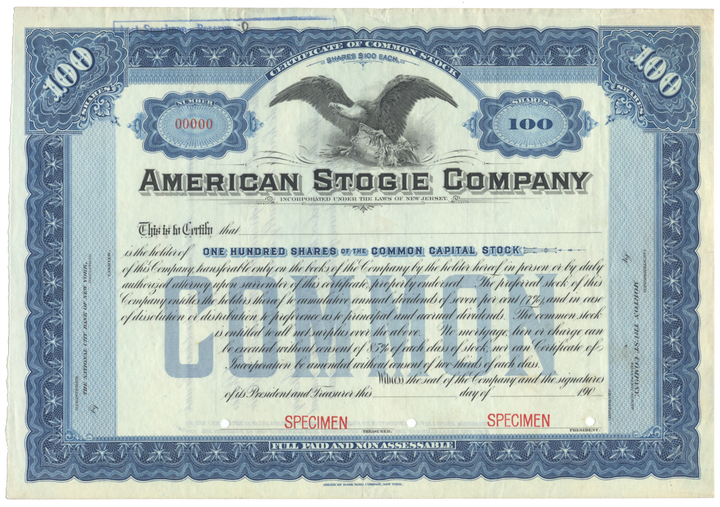 American Stogie Company Specimen Stock Certificate