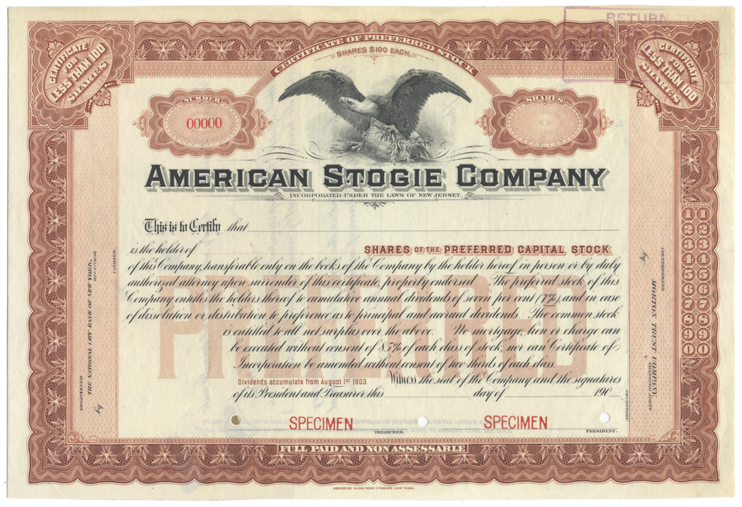 American Stogie Company Specimen Stock Certificate