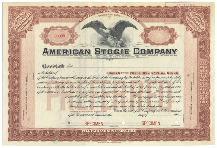 American Stogie Company Specimen Stock Certificate