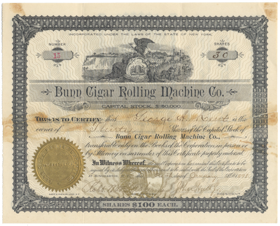 Bunn Cigar Rolling Machine Co. Stock Certificate