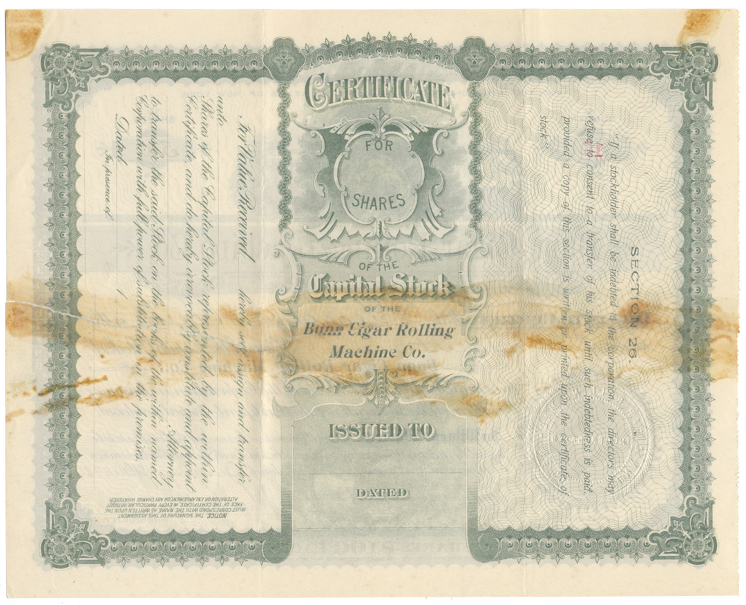 Bunn Cigar Rolling Machine Co. Stock Certificate