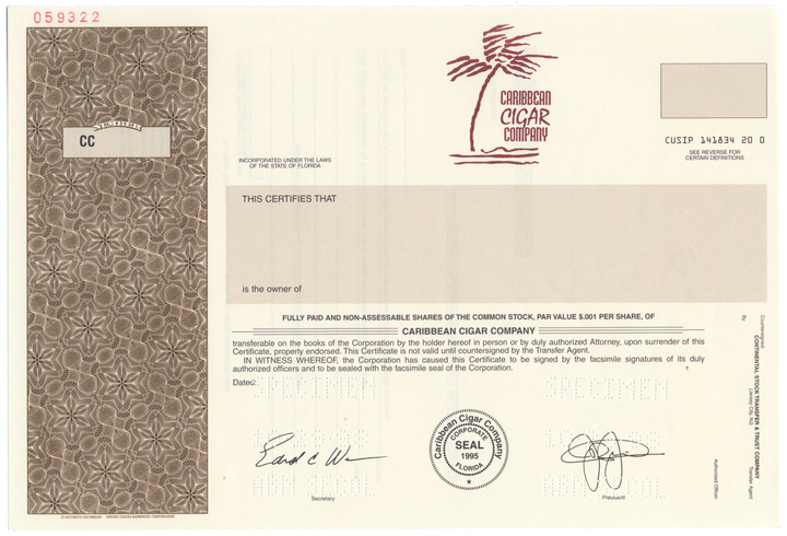 Caribbean Cigar Company Specimen Stock Certifcate