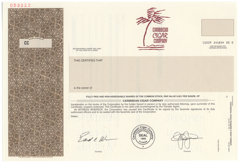 Caribbean Cigar Company Specimen Stock Certifcate