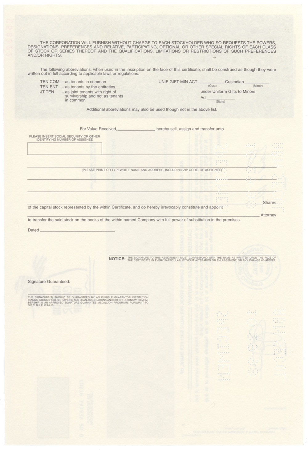 Caribbean Cigar Company Specimen Stock Certifcate