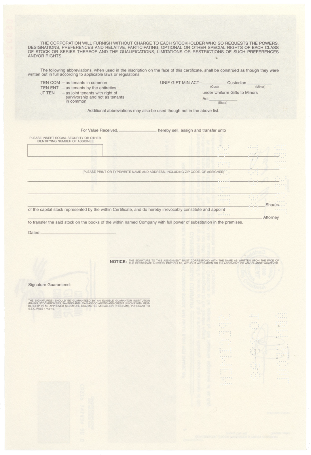 Caribbean Cigar Company Specimen Stock Certifcate