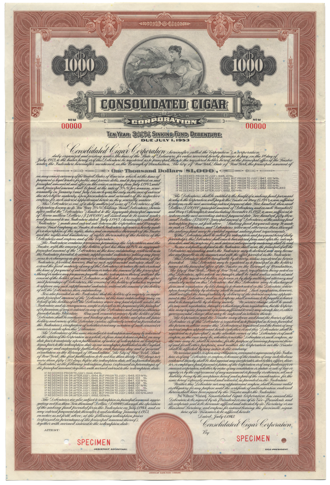 Consolidated Cigar Corporation Specimen Bond Certificate