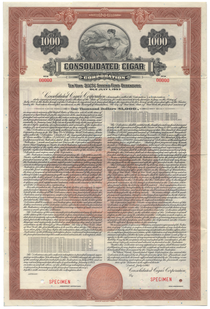 Consolidated Cigar Corporation Specimen Bond Certificate