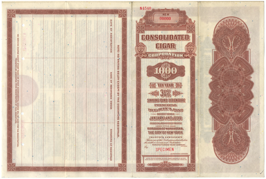 Consolidated Cigar Corporation Specimen Bond Certificate