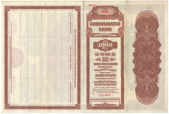 Consolidated Cigar Corporation Specimen Bond Certificate