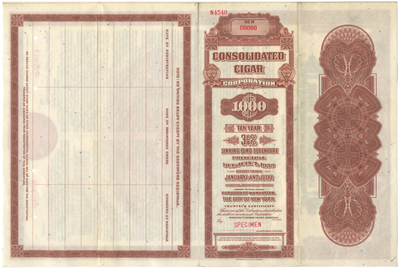 Consolidated Cigar Corporation Specimen Bond Certificate