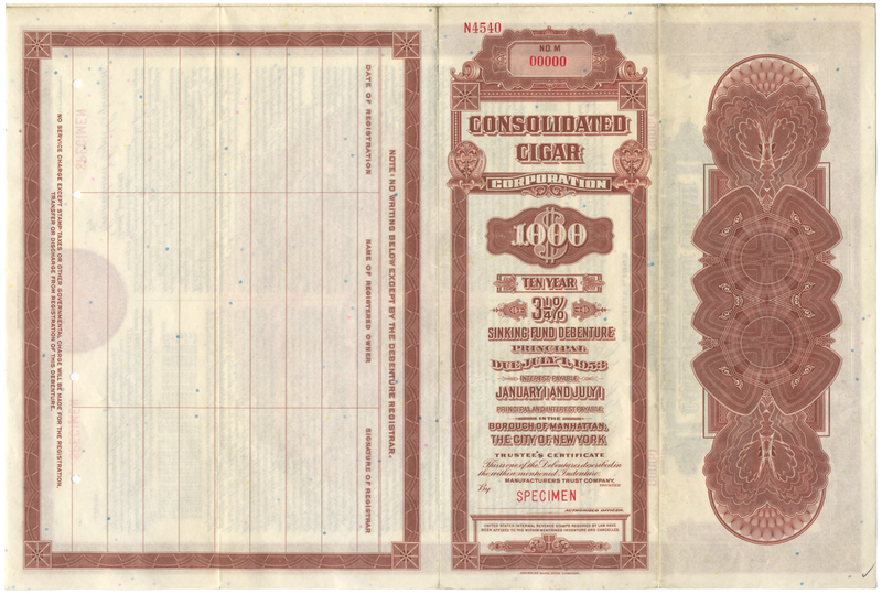 Consolidated Cigar Corporation Specimen Bond Certificate