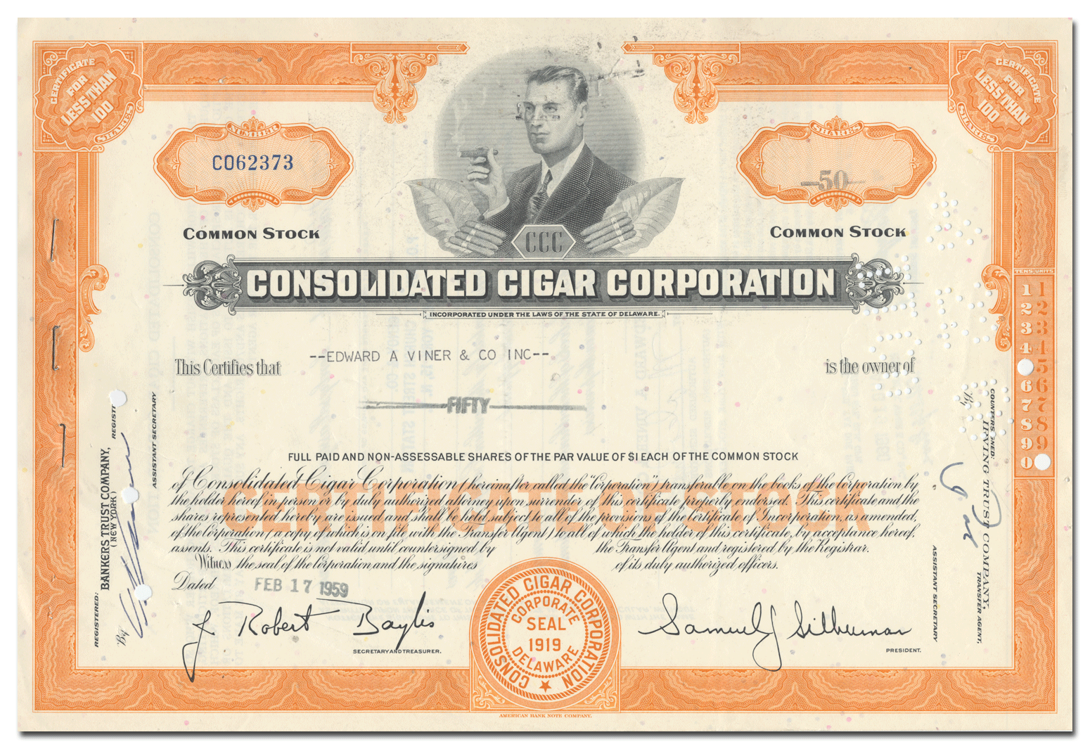 Consolidated Cigar Corporation of America Stock Certificate - Ghosts of ...